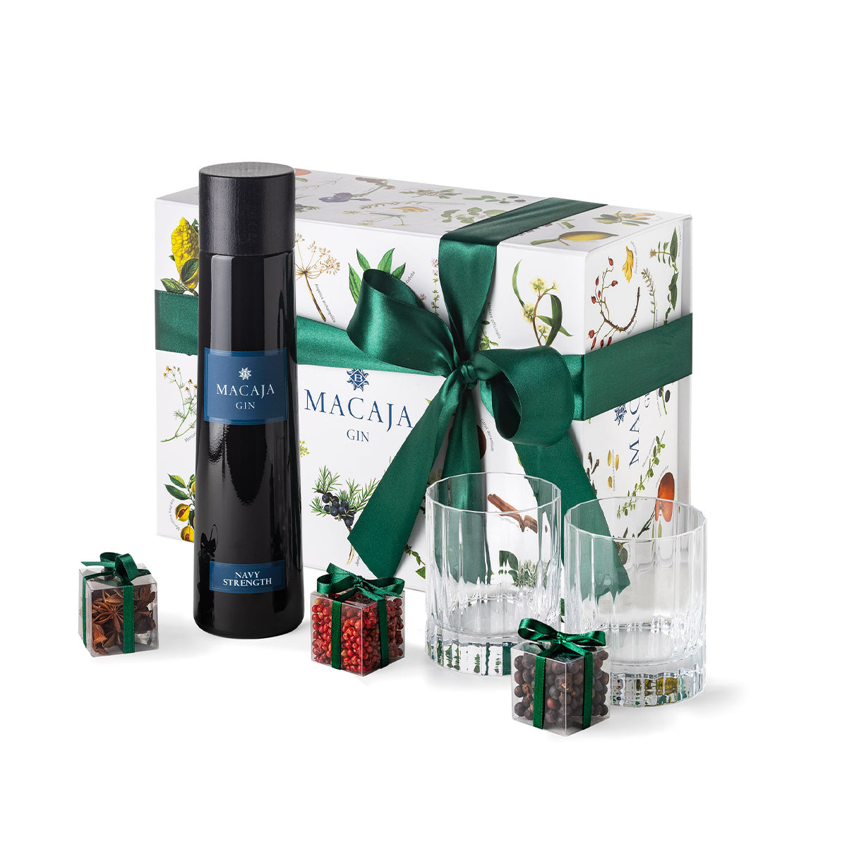 Gin Macaja Navy Strength con 2 bicchieri e 3 botaniche