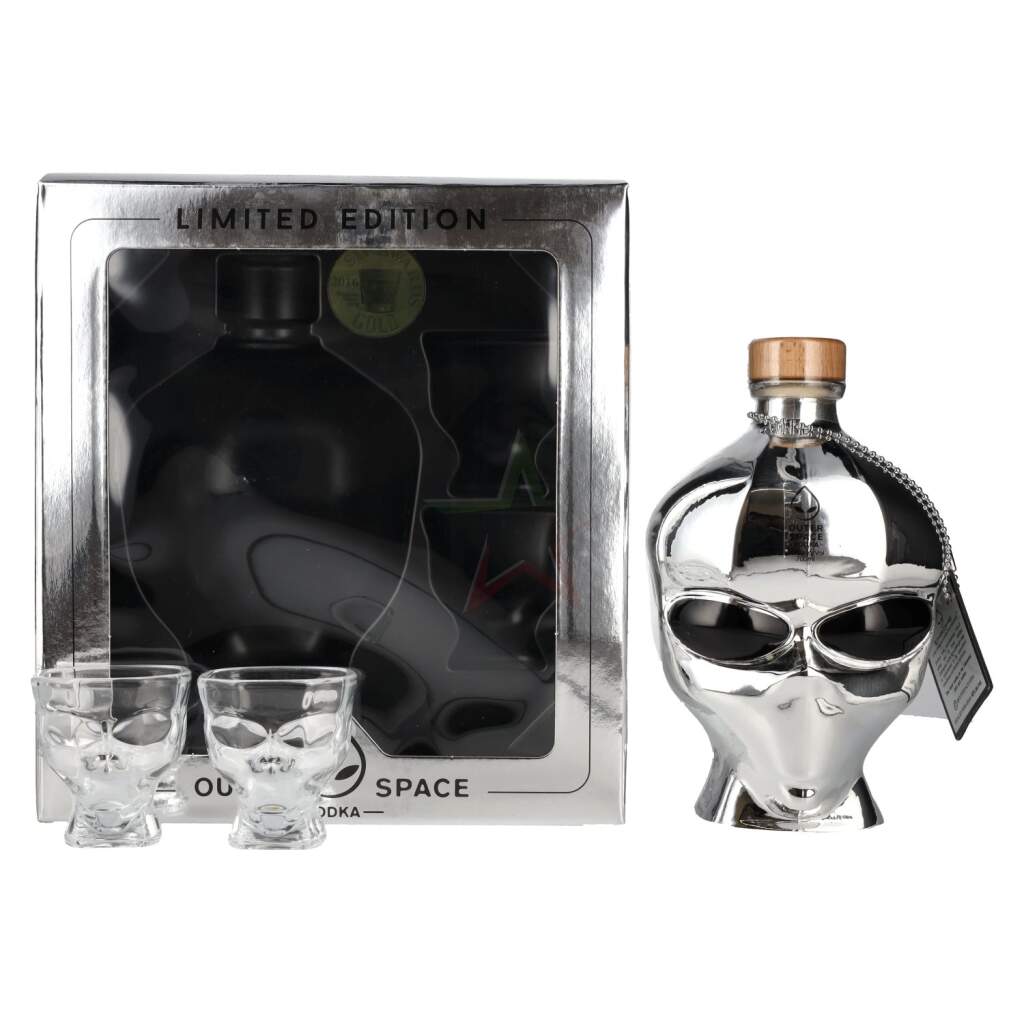 Outerspace Vodka Chrome Limited Edition con 2 bicchieri da shot