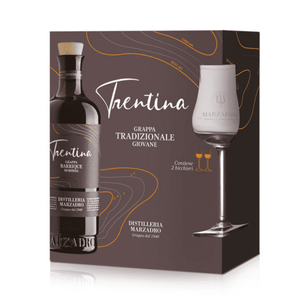 Grappa Trentina Barrique 50 cl con 2 bicchieri Tulipe – Distilleria Marzadro